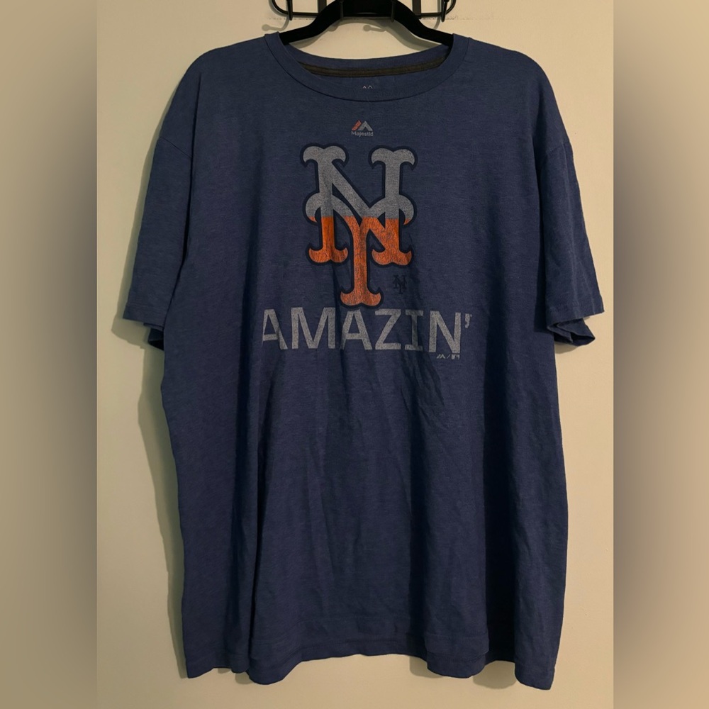NY Mets Amazing Logo Mens XL Heathered Blue Orange Majestic Triple Peak Soft Tee